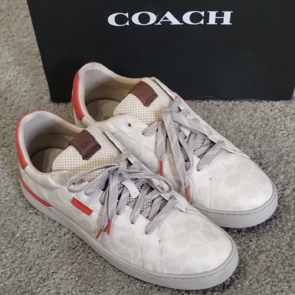 Coach Men's Cream Sneakers with Red Details